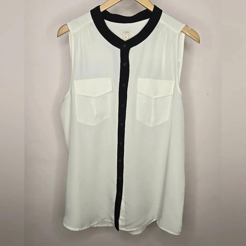 JCrew Women's Sleeveless Offwhite Cream Blouse w/ Black Trim Pockets NWT Size 16